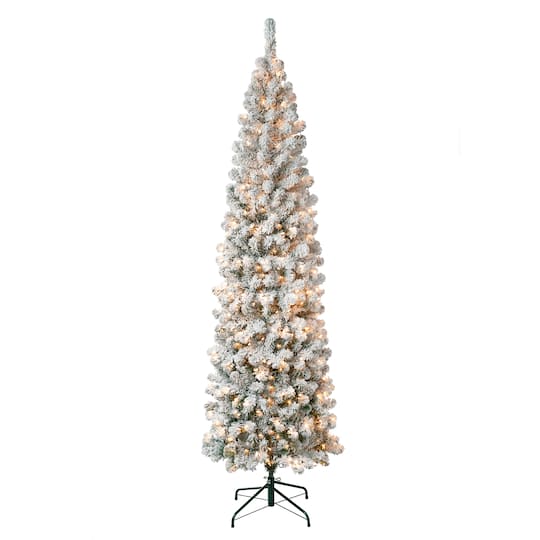 7.5ft. Pre-Lit Acacia Pencil Slim Flocked Artificial Christmas Tree, Clear Lights